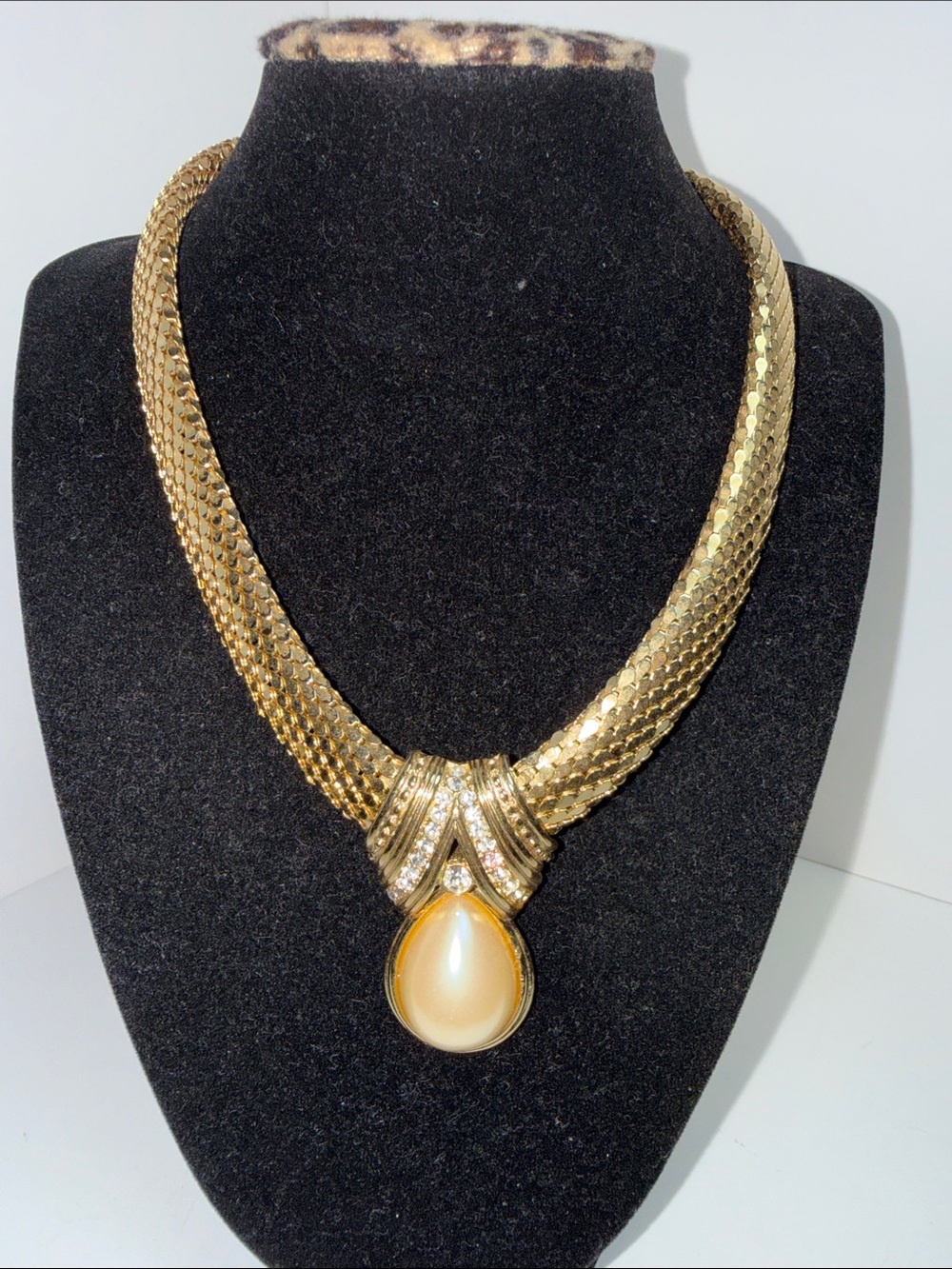 Whiting & Davis Gold Tone Mesh Necklace with Pearl Drop - Picture 3 of 6